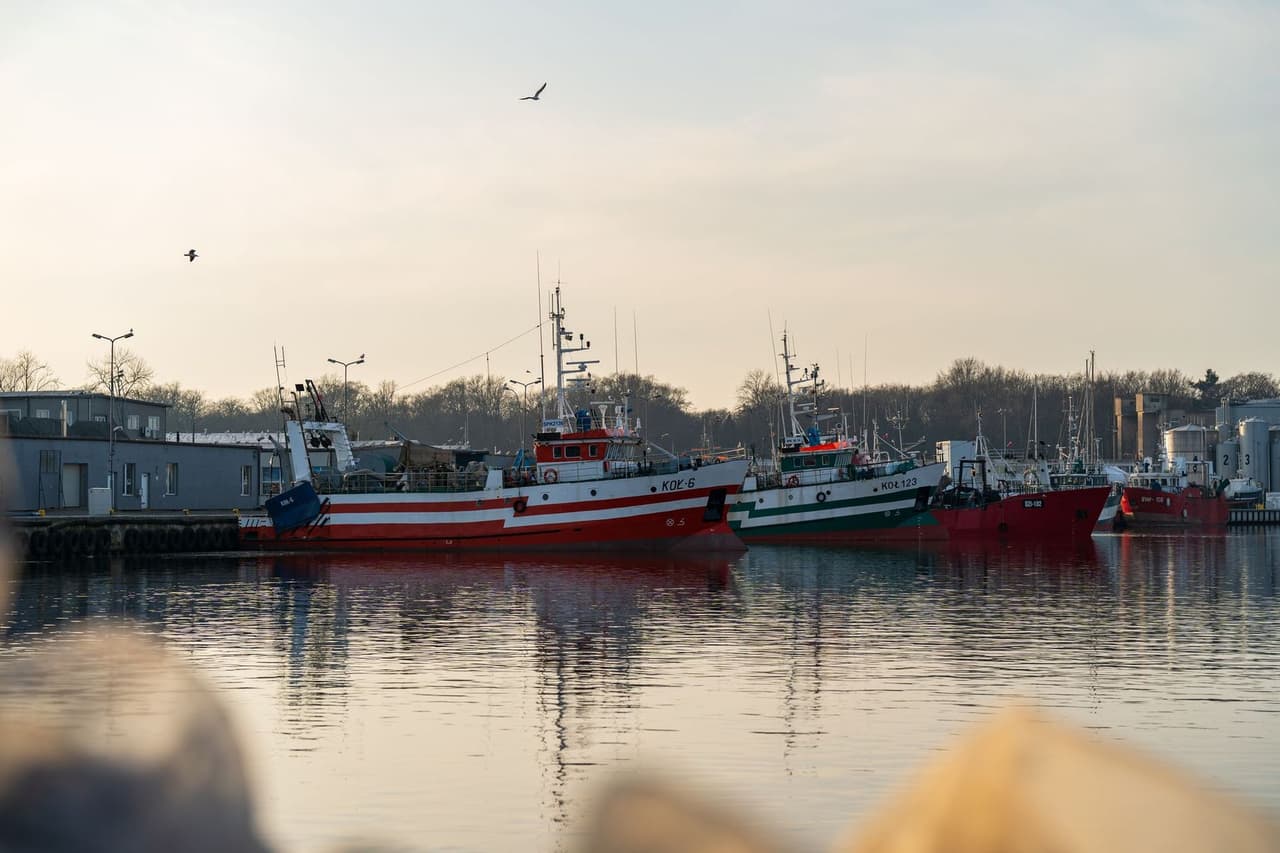 Kutry rybackie w porcie w Kołobrzegu o wschodzie słońca