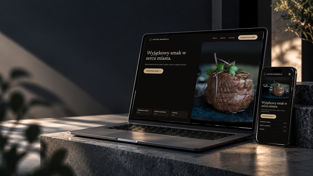 Przykładowa strona internetowa restauracji ze Świnoujścia na laptopie i telefonie