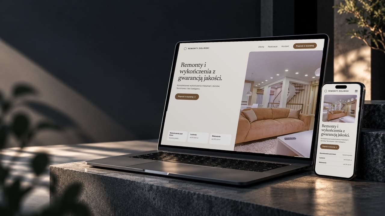 Sample website of a Gorzów renovation company on a laptop and a phone